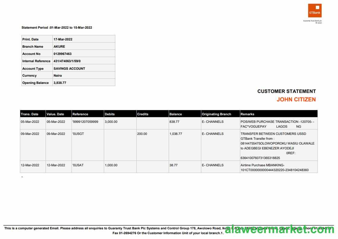 Nigeria Guaranty Trust Bank (GTBank) savings account statement Word and PDF template